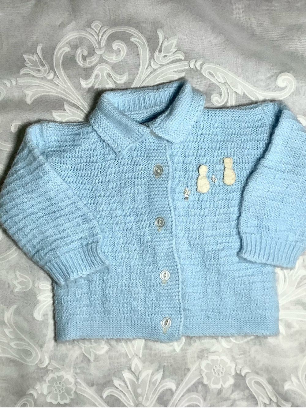 Vintage Blue Baby Cardigan Cats Embroidery Basket Weave 12-18 mo. Soft Sweater